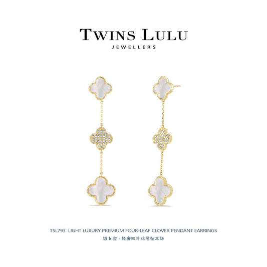 TWINS LULU贅沢クラシックハンドモザイク四つ葉のクローバーペンダントイヤリングプレゼント