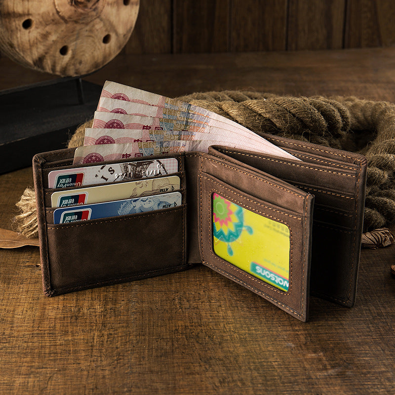 Men's Short Wallet Original Cowhide Genuine Leather Card Holder Retro Men's Wallet Card Bag 