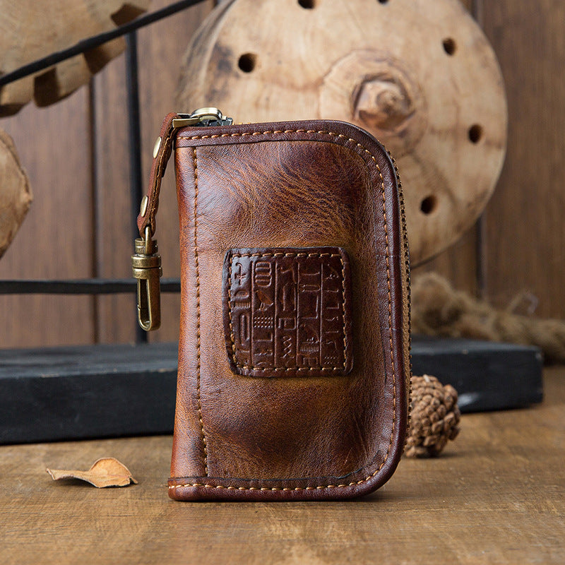 Men's Wallet Handmade Cowhide Genuine Leather Zipper Keychain for Waist Multifunctional Fashion Bag for Men