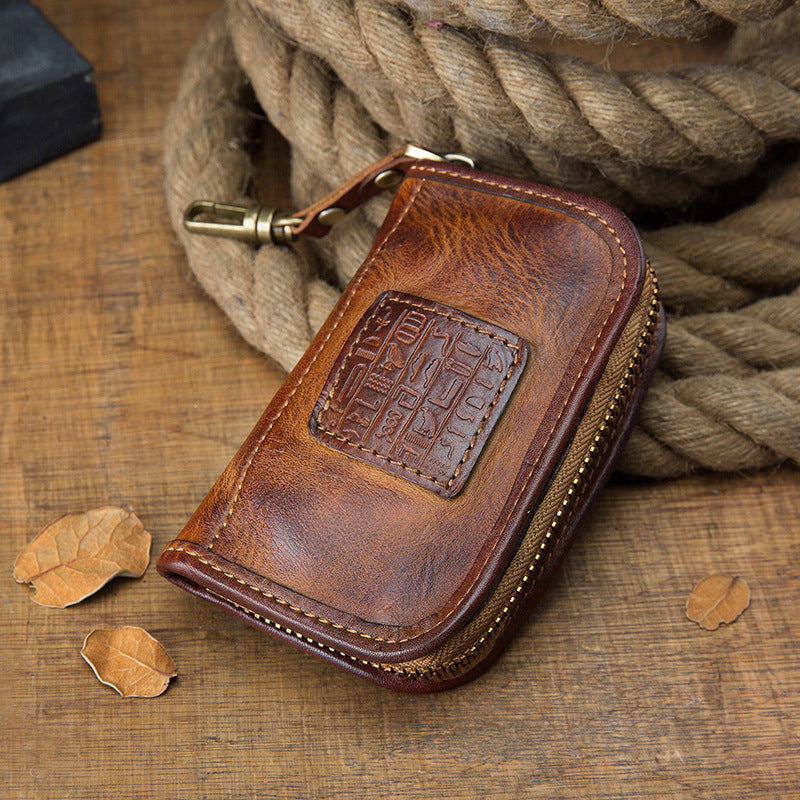 Men's Wallet Handmade Cowhide Genuine Leather Zipper Keychain for Waist Multifunctional Fashion Bag for Men