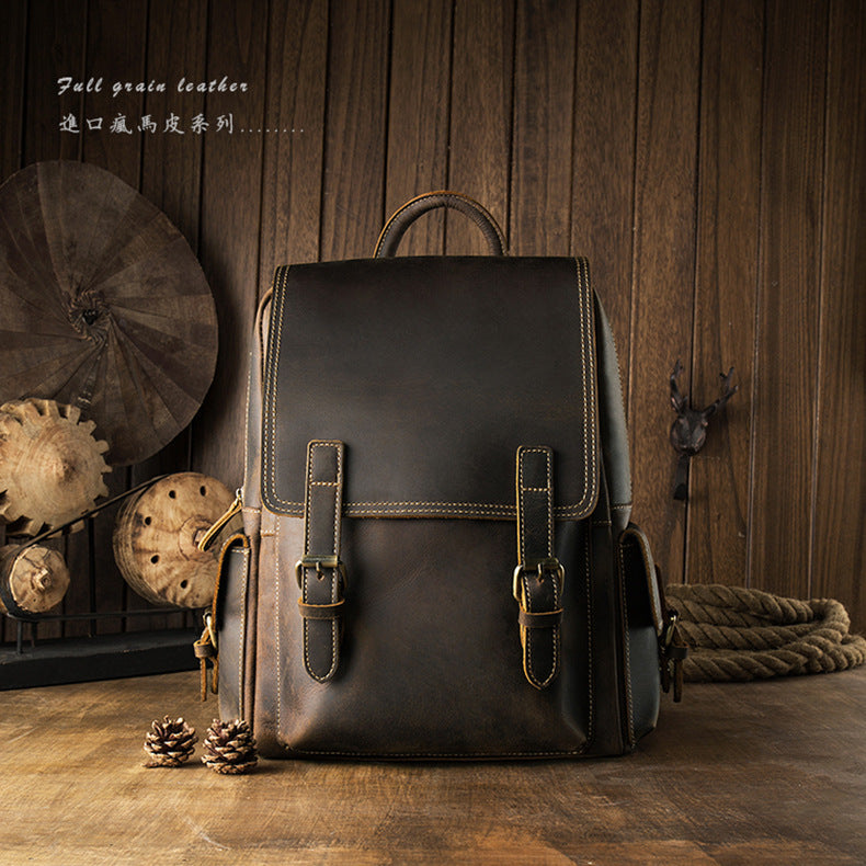 Men's backpack cowhide retro Korean fashion individuality outdoor travel casual male computer bag 