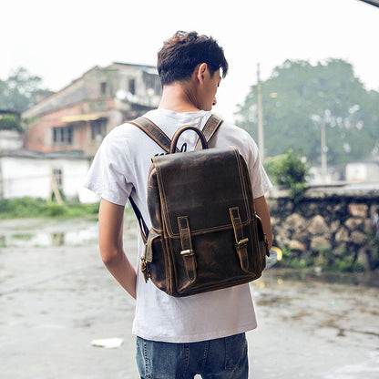 Men's backpack cowhide retro Korean fashion individuality outdoor travel casual male computer bag 