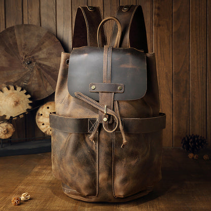 Men's Backpack Genuine Cowhide Leather Handmade Fashion Casual Travel Retro Crazy Horse Men's Bag 