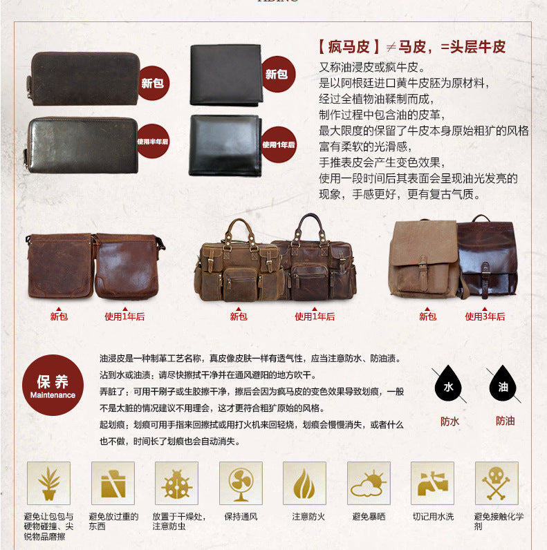 Men's Shoulder Bag Original Genuine Cowhide Leather Crazy Horse Messenger Bag Casual Crossbody Bag for Men 