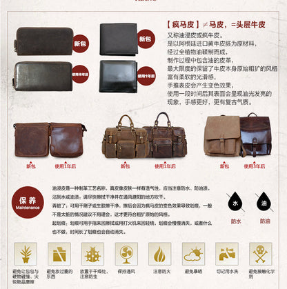 Men's Shoulder Bag Original Genuine Cowhide Leather Crazy Horse Messenger Bag Casual Crossbody Bag for Men 