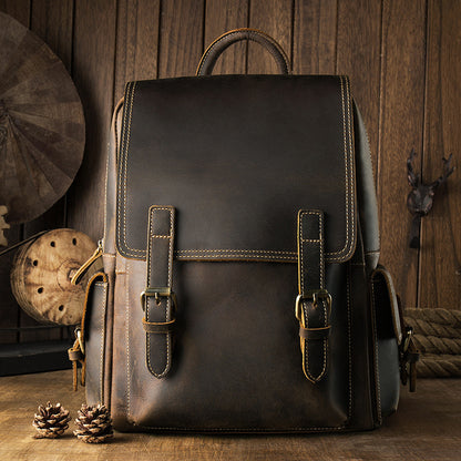 Men's backpack cowhide retro Korean fashion individuality outdoor travel casual male computer bag 