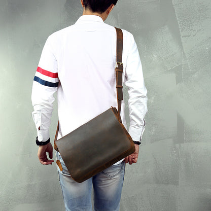 Men's Messenger Bag Handmade Genuine Cowhide Leather Crazy Horse Retro Casual Shoulder Bag Crossbody Computer Bag 