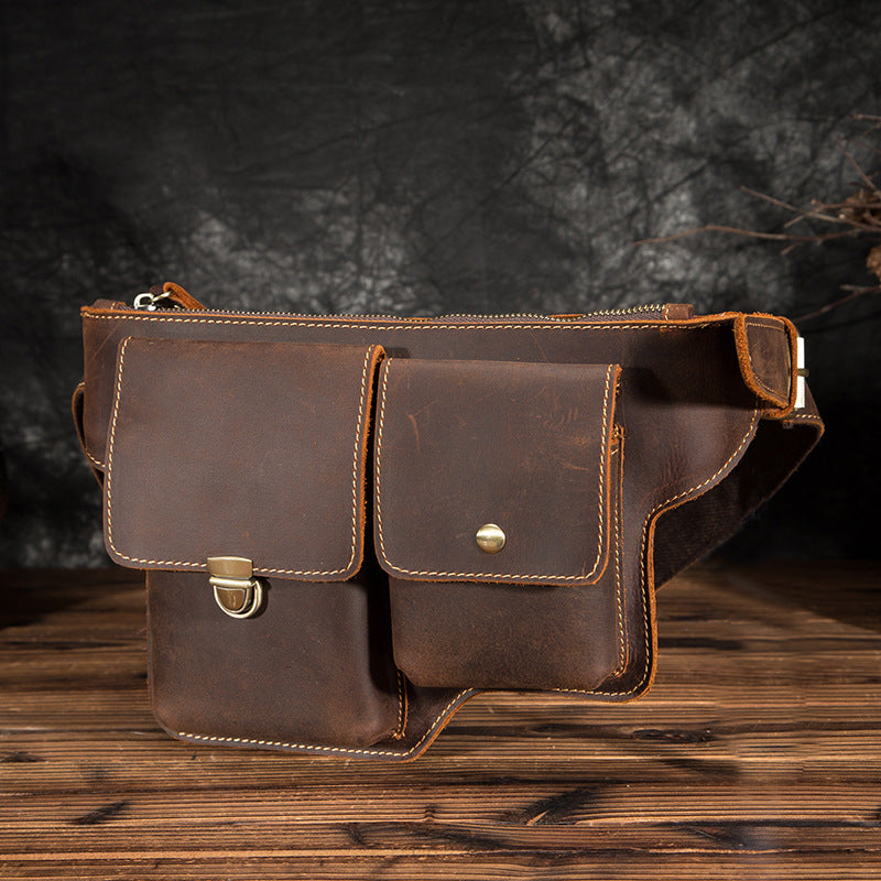 Men's Waist Pouch Cowhide Genuine Leather Outdoor Fashion Bust Bag for Men 