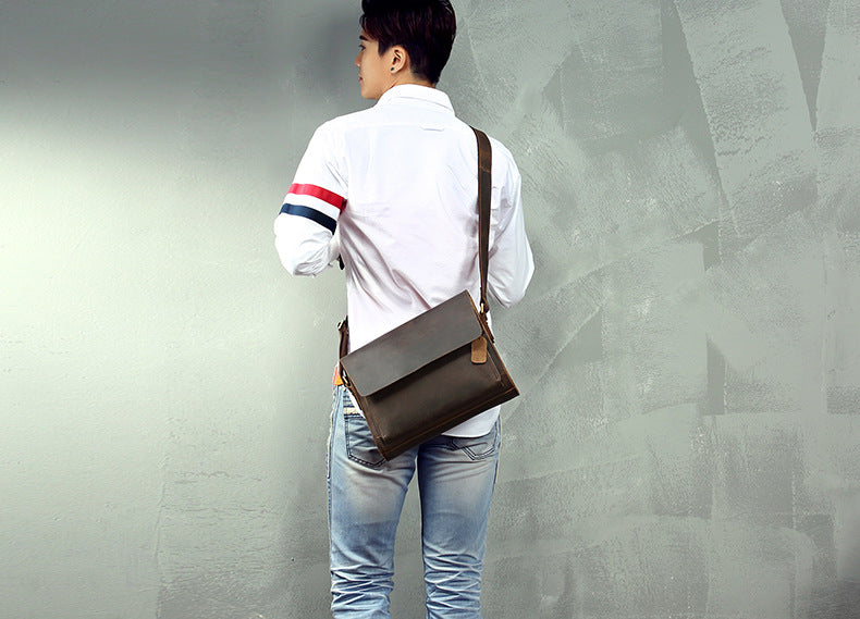 Men's Shoulder Bag Original Genuine Cowhide Leather Crazy Horse Messenger Bag Casual Crossbody Bag for Men 