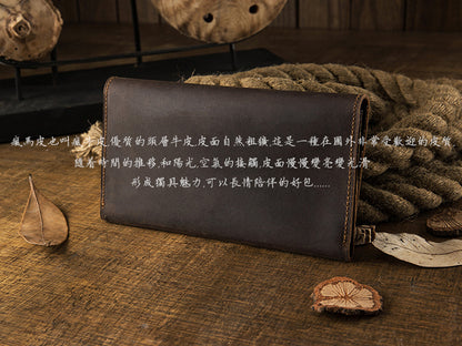 Men's long wallet bifold handmade cowhide crazy horse simple retro Korean fashion unique wallet for men 