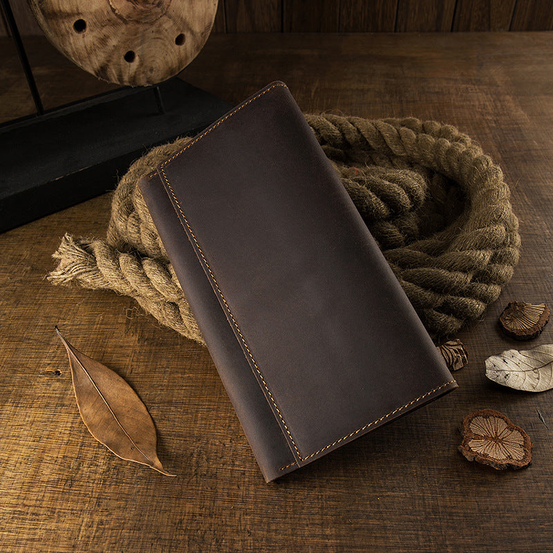 Men's long wallet bifold handmade cowhide crazy horse simple retro Korean fashion unique wallet for men 