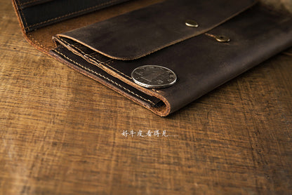 Men's long wallet bifold handmade cowhide crazy horse simple retro Korean fashion unique wallet for men 