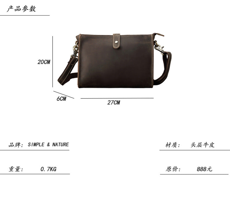 Men's Shoulder Bag Original Handmade Genuine Cowhide Leather Crazy Horse Fashion Simple Men's Crossbody Bag Clutch Bag 