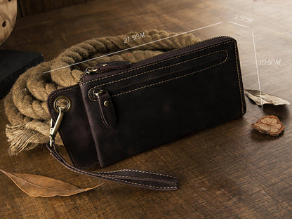 Men's long wallet Handmade cowhide genuine leather Crazy Horse Retro card bag Large capacity zipper Men's wallet Mobile phone bag