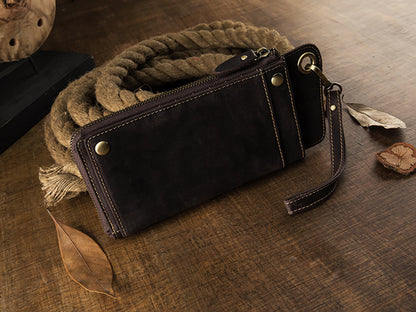 Men's long wallet Handmade cowhide genuine leather Crazy Horse Retro card bag Large capacity zipper Men's wallet Mobile phone bag