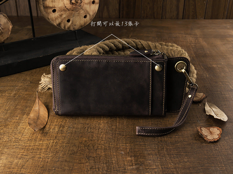 Men's long wallet Handmade cowhide genuine leather Crazy Horse Retro card bag Large capacity zipper Men's wallet Mobile phone bag