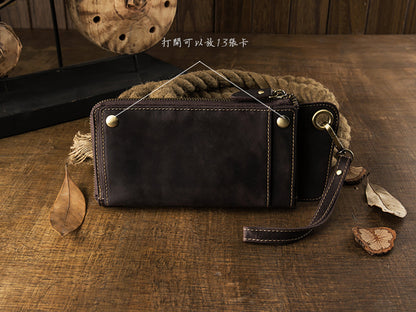 Men's long wallet Handmade cowhide genuine leather Crazy Horse Retro card bag Large capacity zipper Men's wallet Mobile phone bag