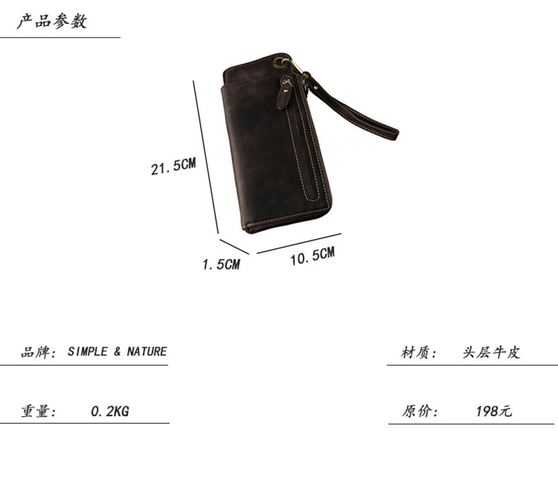 Men's long wallet Handmade cowhide genuine leather Crazy Horse Retro card bag Large capacity zipper Men's wallet Mobile phone bag