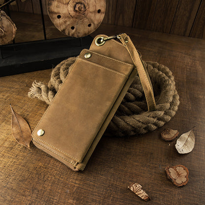 Men's long wallet Handmade cowhide genuine leather Crazy Horse Retro card bag Large capacity zipper Men's wallet Mobile phone bag