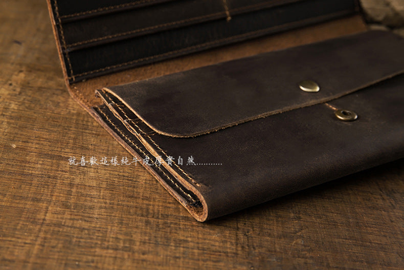 Men's long wallet bifold handmade cowhide crazy horse simple retro Korean fashion unique wallet for men 