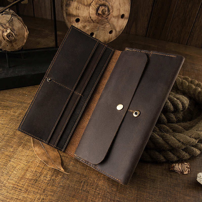 Men's long wallet bifold handmade cowhide crazy horse simple retro Korean fashion unique wallet for men 