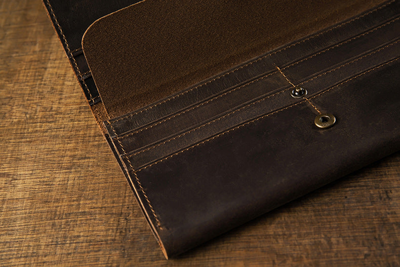 Men's long wallet bifold handmade cowhide crazy horse simple retro Korean fashion unique wallet for men 