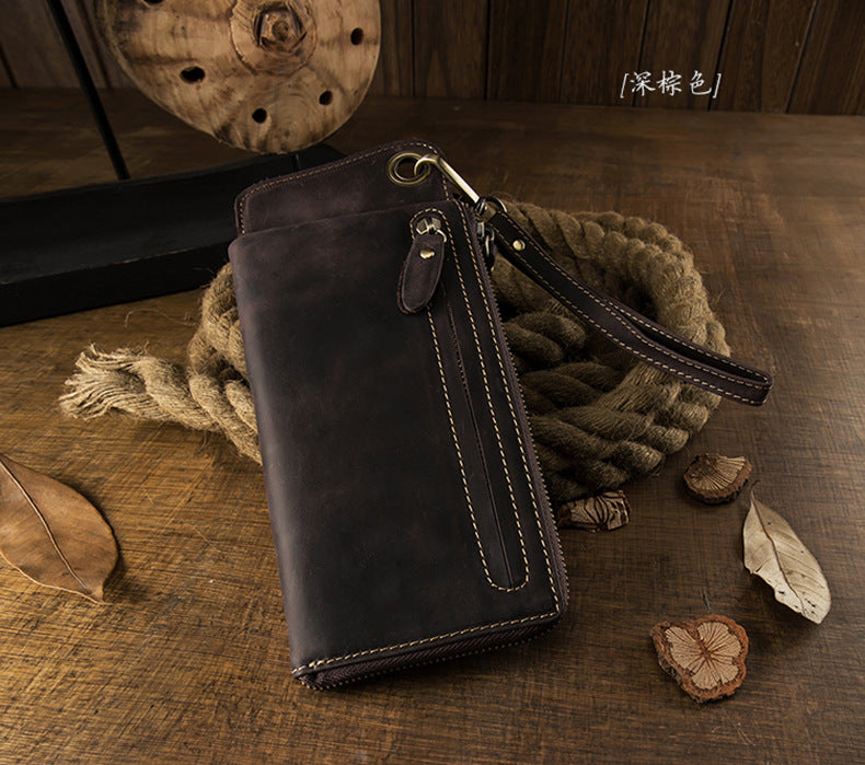 Men's long wallet Handmade cowhide genuine leather Crazy Horse Retro card bag Large capacity zipper Men's wallet Mobile phone bag