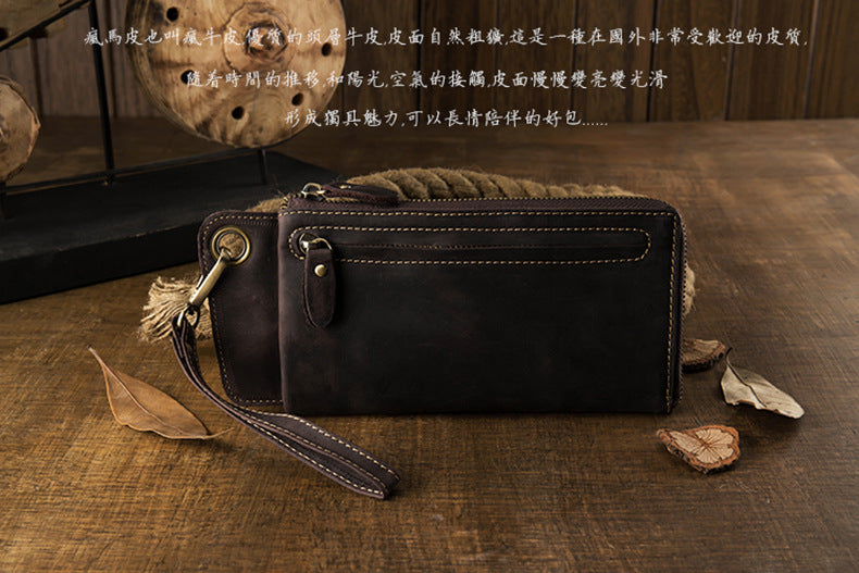 Men's long wallet Handmade cowhide genuine leather Crazy Horse Retro card bag Large capacity zipper Men's wallet Mobile phone bag