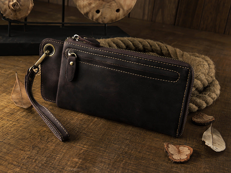 Men's long wallet Handmade cowhide genuine leather Crazy Horse Retro card bag Large capacity zipper Men's wallet Mobile phone bag