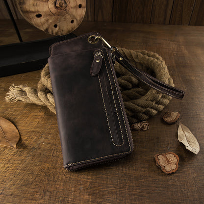 Men's long wallet Handmade cowhide genuine leather Crazy Horse Retro card bag Large capacity zipper Men's wallet Mobile phone bag