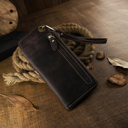 Men's long wallet Handmade cowhide genuine leather Crazy Horse Retro card bag Large capacity zipper Men's wallet Mobile phone bag