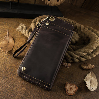 Men's long wallet Handmade cowhide genuine leather Crazy Horse Retro card bag Large capacity zipper Men's wallet Mobile phone bag