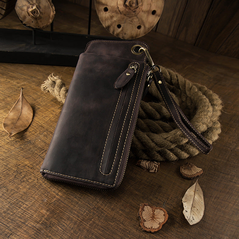 Men's long wallet Handmade cowhide genuine leather Crazy Horse Retro card bag Large capacity zipper Men's wallet Mobile phone bag