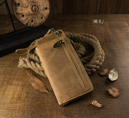 Men's long wallet Handmade cowhide genuine leather Crazy Horse Retro card bag Large capacity zipper Men's wallet Mobile phone bag