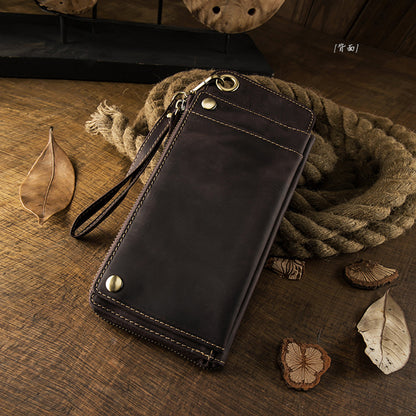 Men's long wallet Handmade cowhide genuine leather Crazy Horse Retro card bag Large capacity zipper Men's wallet Mobile phone bag