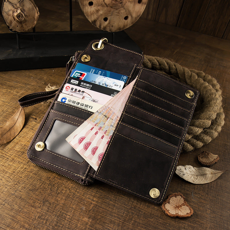 Men's long wallet Handmade cowhide genuine leather Crazy Horse Retro card bag Large capacity zipper Men's wallet Mobile phone bag