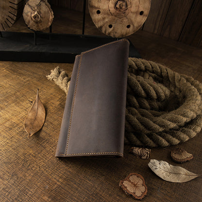 Men's long wallet bifold handmade cowhide crazy horse simple retro Korean fashion unique wallet for men 