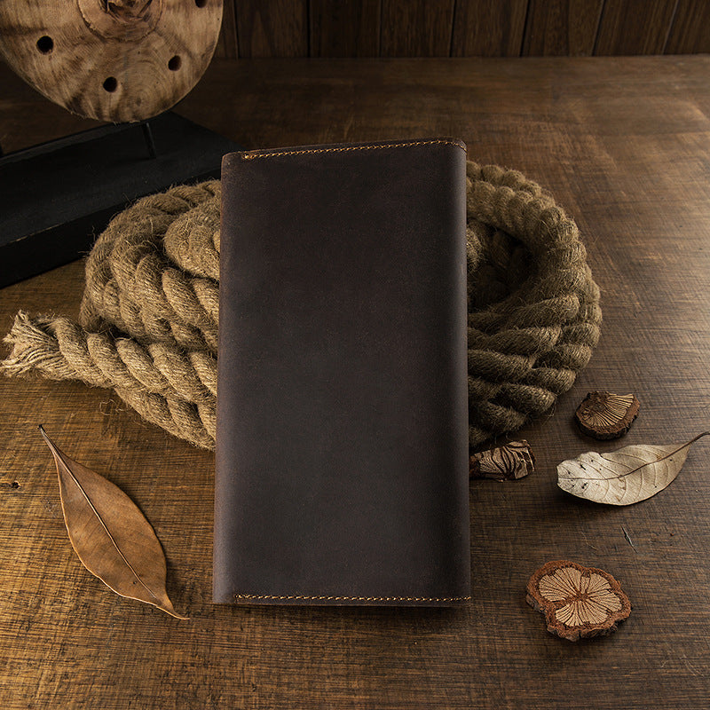 Men's long wallet bifold handmade cowhide crazy horse simple retro Korean fashion unique wallet for men 