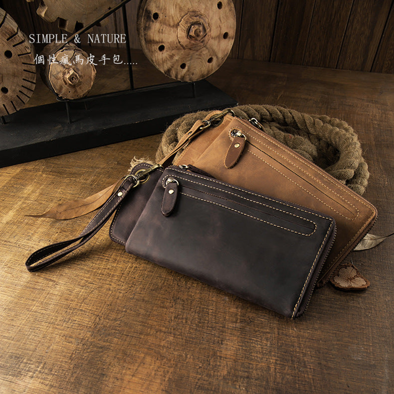 Men's long wallet Handmade cowhide genuine leather Crazy Horse Retro card bag Large capacity zipper Men's wallet Mobile phone bag