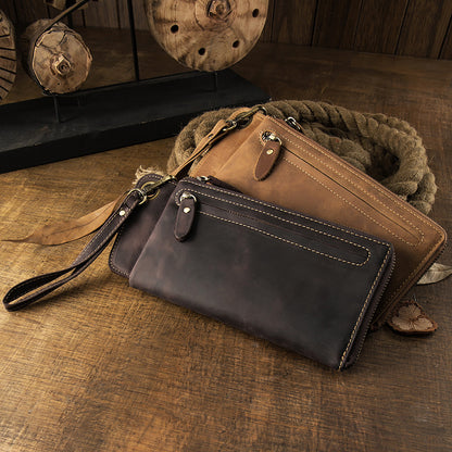 Men's long wallet Handmade cowhide genuine leather Crazy Horse Retro card bag Large capacity zipper Men's wallet Mobile phone bag