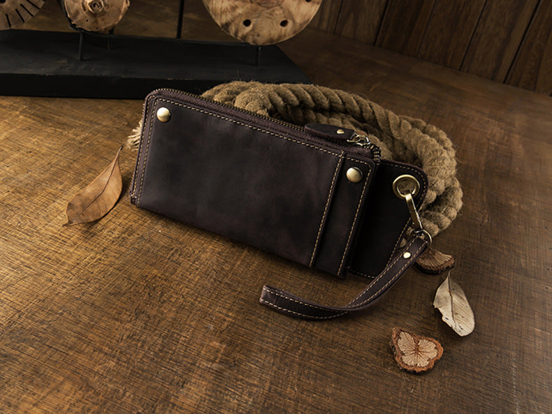 Men's long wallet Handmade cowhide genuine leather Crazy Horse Retro card bag Large capacity zipper Men's wallet Mobile phone bag