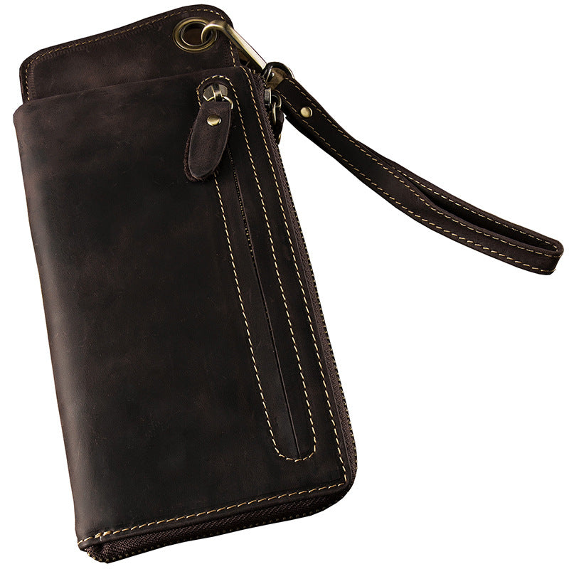 Men's long wallet Handmade cowhide genuine leather Crazy Horse Retro card bag Large capacity zipper Men's wallet Mobile phone bag