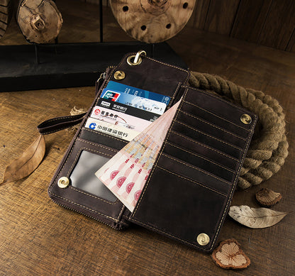 Men's long wallet Handmade cowhide genuine leather Crazy Horse Retro card bag Large capacity zipper Men's wallet Mobile phone bag