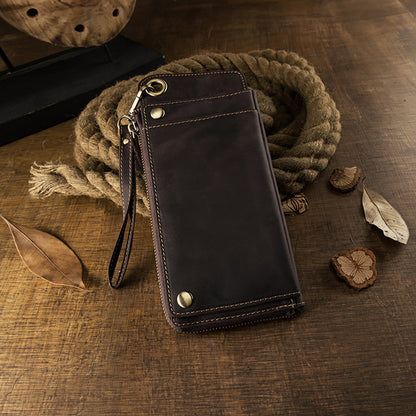 Men's long wallet Handmade cowhide genuine leather Crazy Horse Retro card bag Large capacity zipper Men's wallet Mobile phone bag