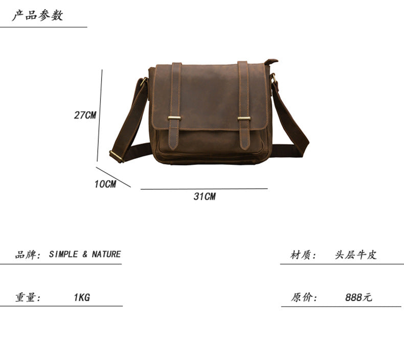 Men's shoulder bag cowhide genuine leather handmade messenger bag retro crossbody bag for men 