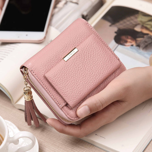 Wallet Ladies Short Zipper Genuine Leather Bifold Wallet Couple Fringe Mini Wallet Coin Purse Ladies Wallet