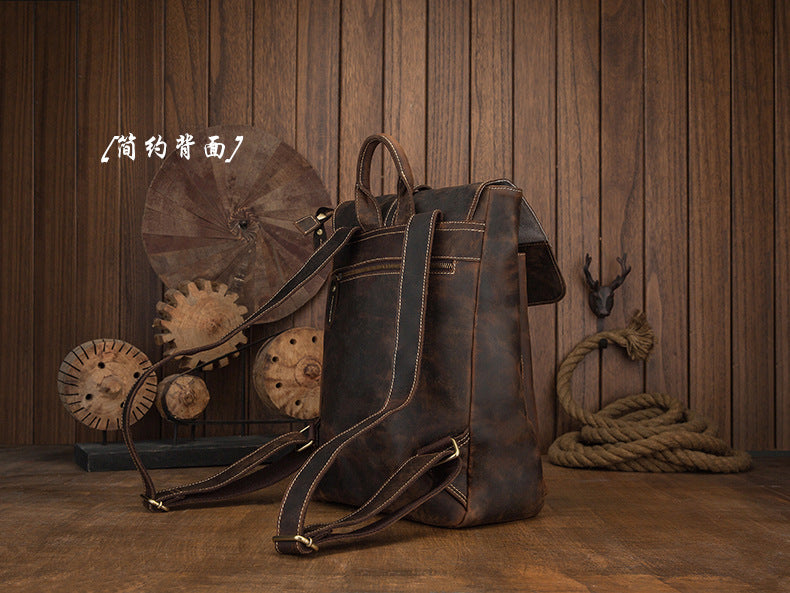 Men's backpack handmade cowhide genuine leather Crazy Horse Korean fashion casual commuting computer bag travel bag 