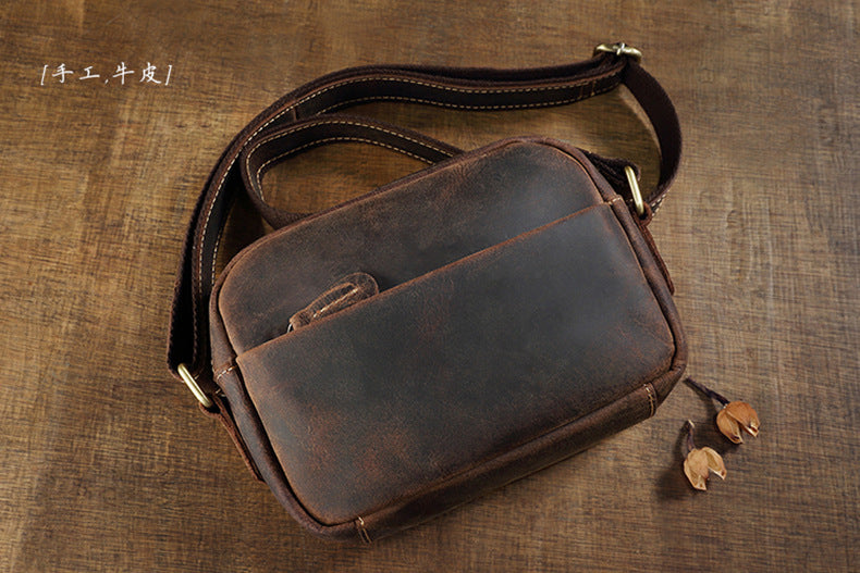 Men's Shoulder Bag Genuine Cowhide Leather Crazy Horse Handmade Original Casual Retro Men's Crossbody Bag 