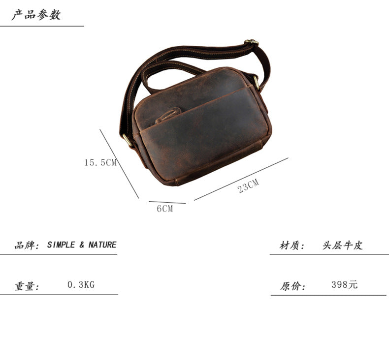 Men's Shoulder Bag Genuine Cowhide Leather Crazy Horse Handmade Original Casual Retro Men's Crossbody Bag 