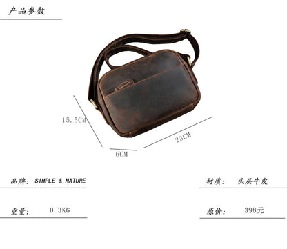 Men's Shoulder Bag Genuine Cowhide Leather Crazy Horse Handmade Original Casual Retro Men's Crossbody Bag 